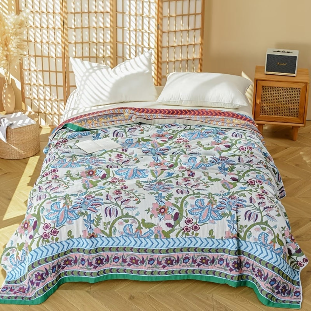 Elegant Floral Reversible Cotton Throw Blanket