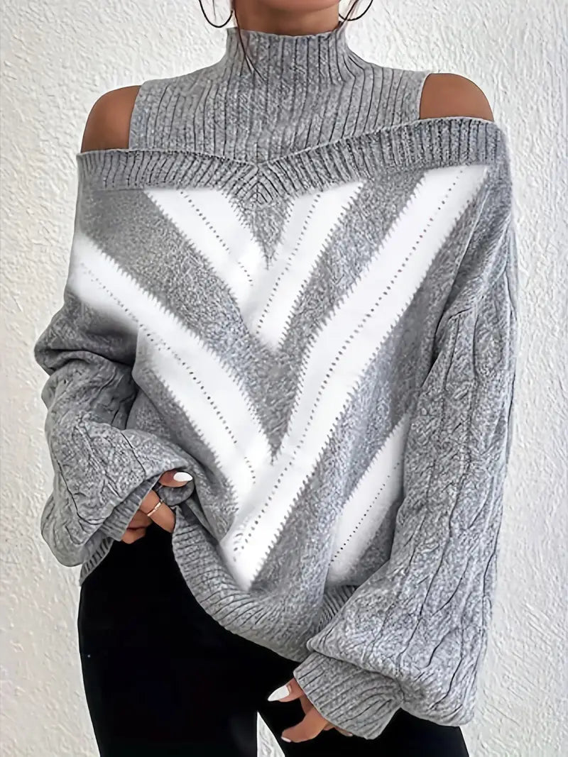 Chic Comfort - Cold Shoulder Sweater with Geometric Design