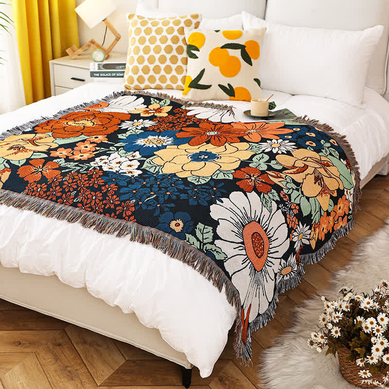 Cotton Sofa Cover with Floral Design and Elegant Fringe