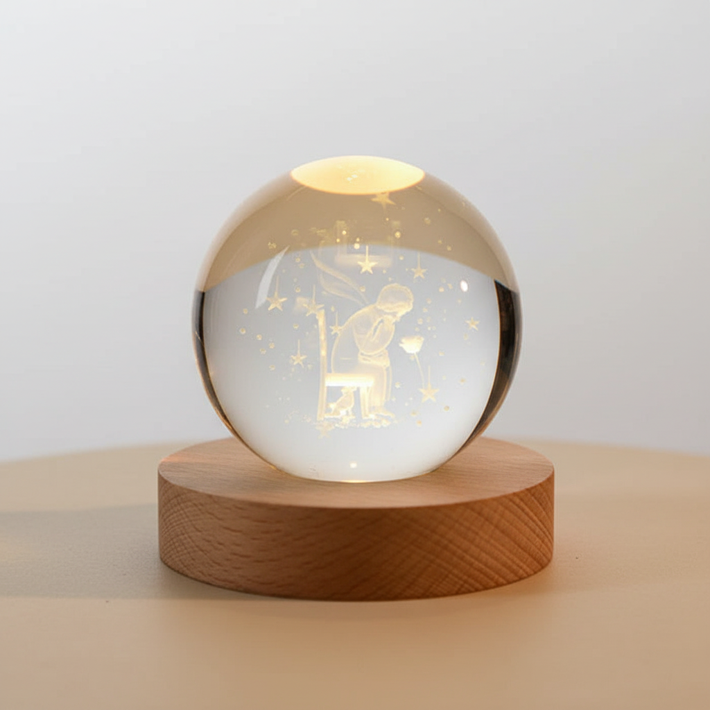 3D Planet Design Table Lamp – Wooden Spherical Lamp with Warm LED Light