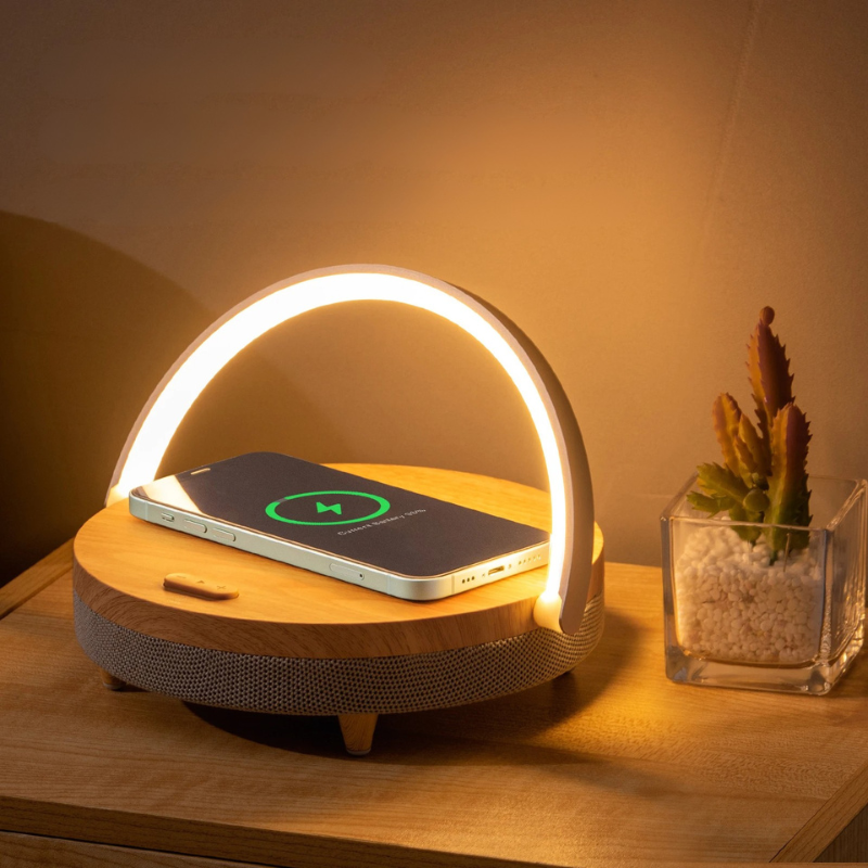 Stylish Table Lamp Featuring Wireless Charging and Integrated Speaker