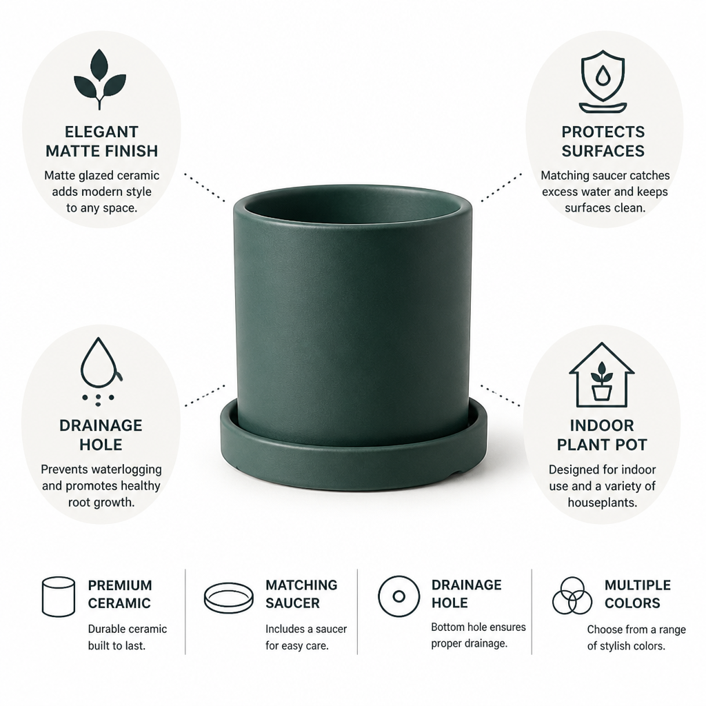Elegant Glazed Ceramic Plant Pot with Drainage and Saucer