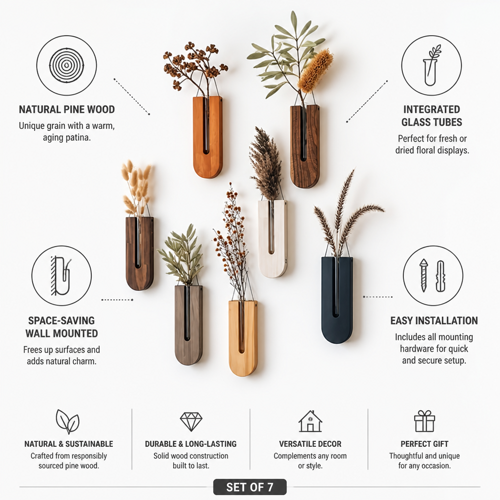 Elegant Pine Wood & Glass Wall Planters (Set of 7)