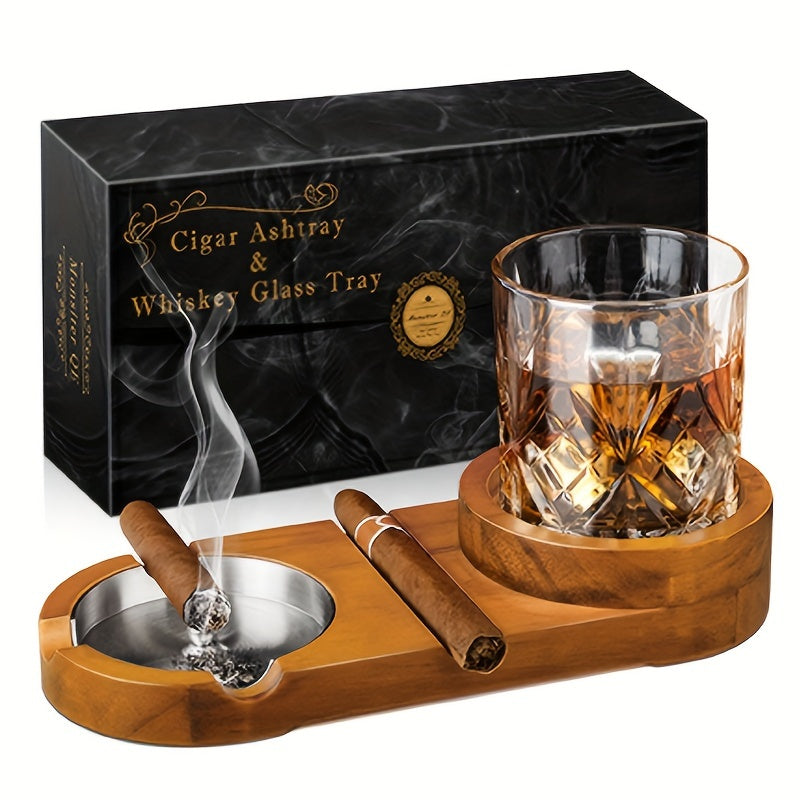 Wooden Ashtray with Whiskey Holder – Elegant Tray for Cigar Enthusiasts