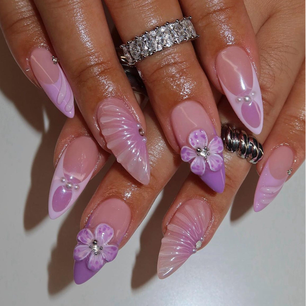 Floral and Gemstone Accent Press-On Stiletto Nail Art