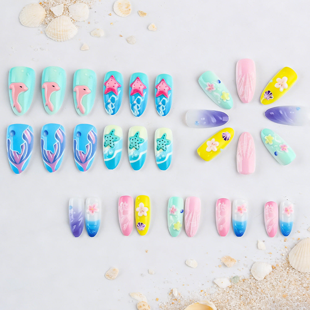 Press-On Nail Art Set with 3D Seaside Design