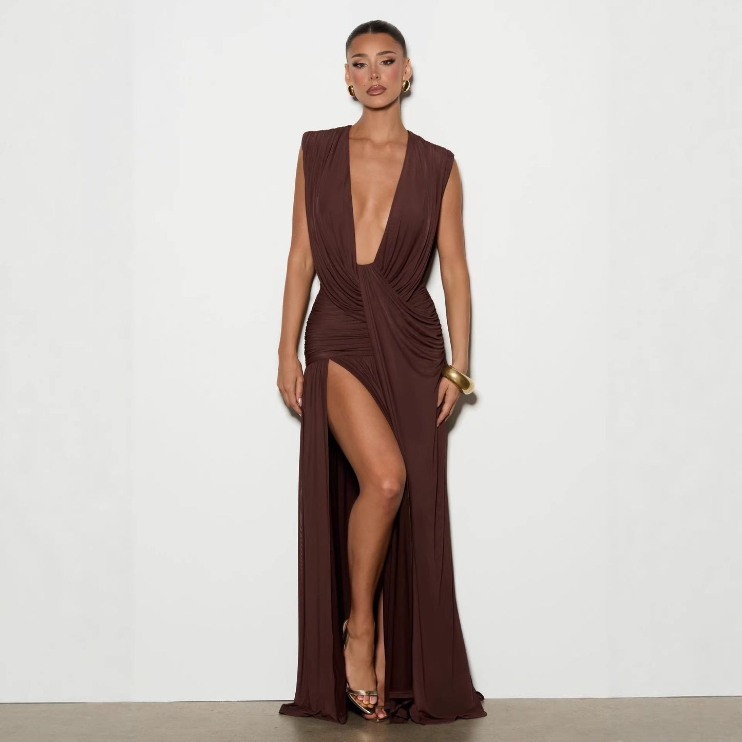 Asymmetrical Bodycon Midi Dress with Deep V Neck and Ruched Detail