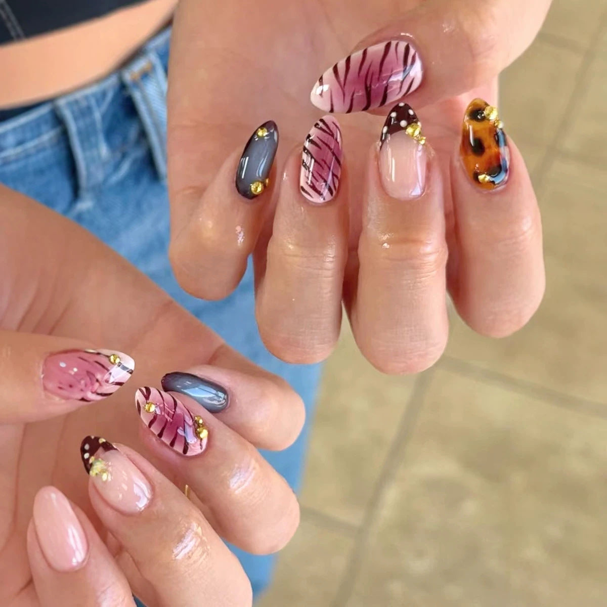 Unique Patterned Press-On Nail Set with Decorative Elements