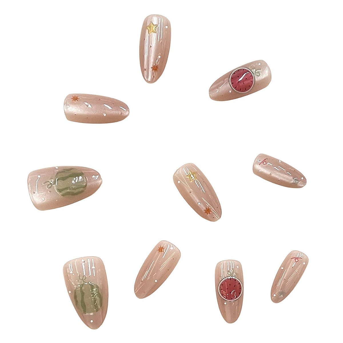 Artistic Press-On Nail Set with Elegant Fruit Design