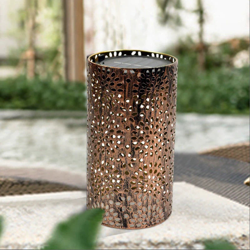 Set of Two Cylindrical Metal Solar Garden Lights for Outdoor Use