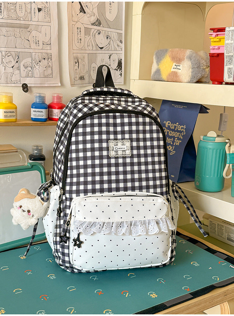 Charming Checkered Multi-Pocket Backpack for School Use