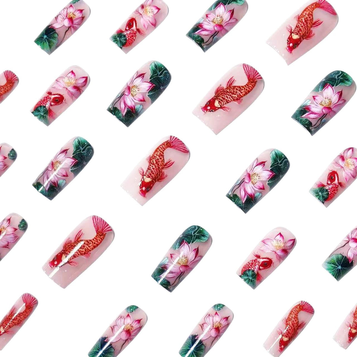 Nail Art Design with Water Lily and Koi Fish Motif