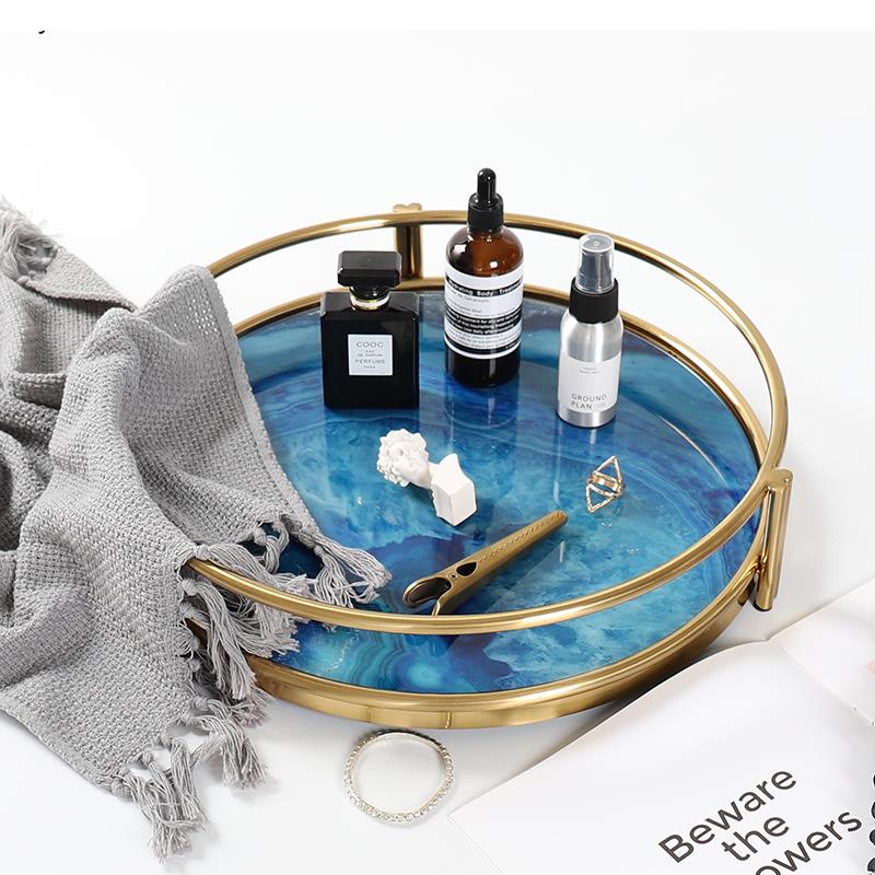 Serving Tray with Blue Agate Glass and Stainless Steel Frame