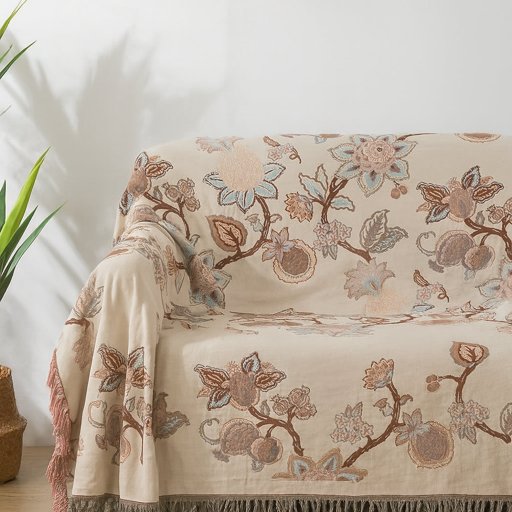 Serenity Blooms Cotton Bed Cover with Tassel Edging