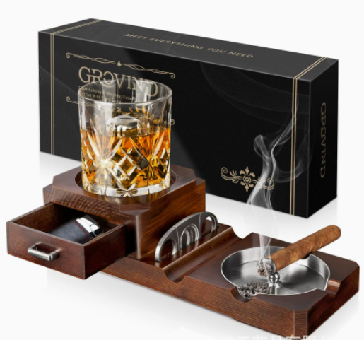 Wooden Ashtray with Whiskey Holder – Elegant Bowl for Cigar Enthusiasts
