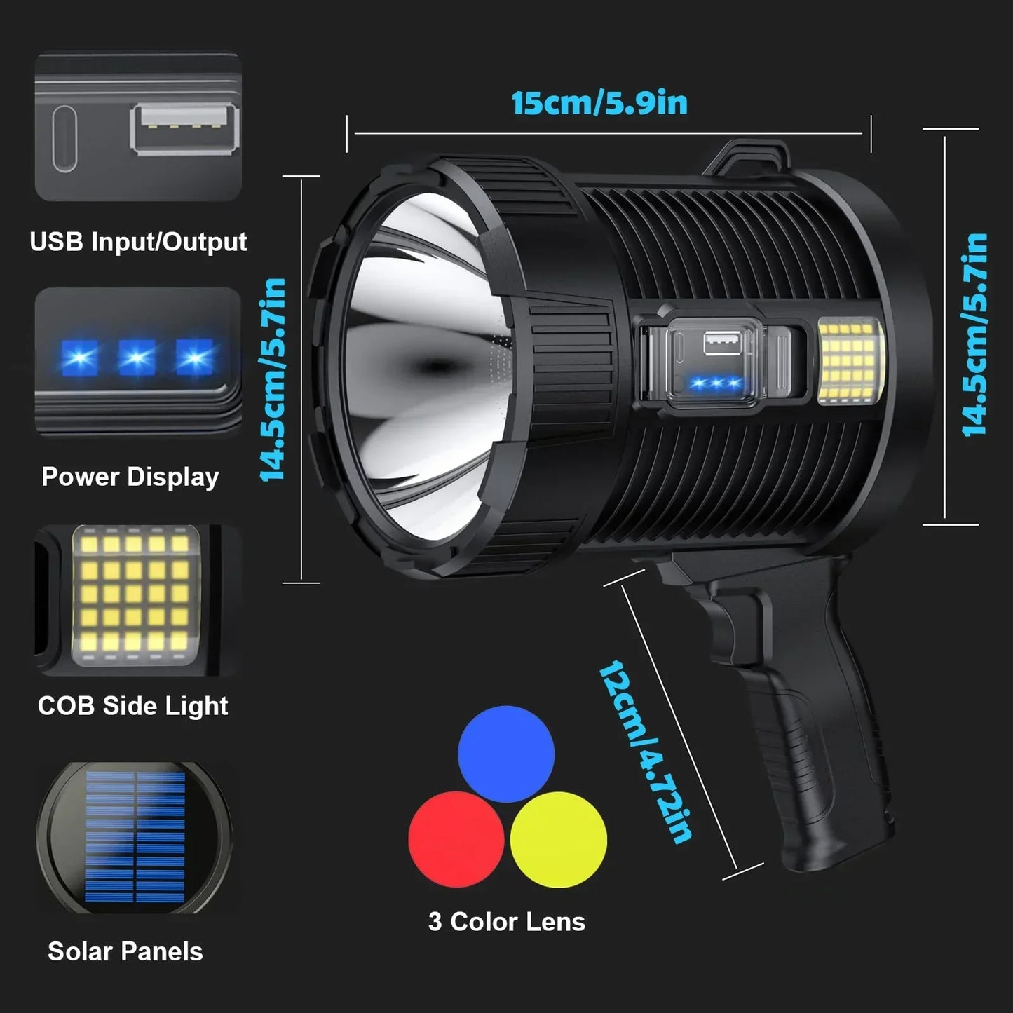 1000X Flashlight β 900,000 Lumens, Solar & USB, Side Light & Power Bank