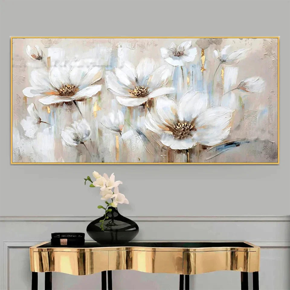 Large White Floral Abstract Canvas Wall Art for Home and Hotel Decor