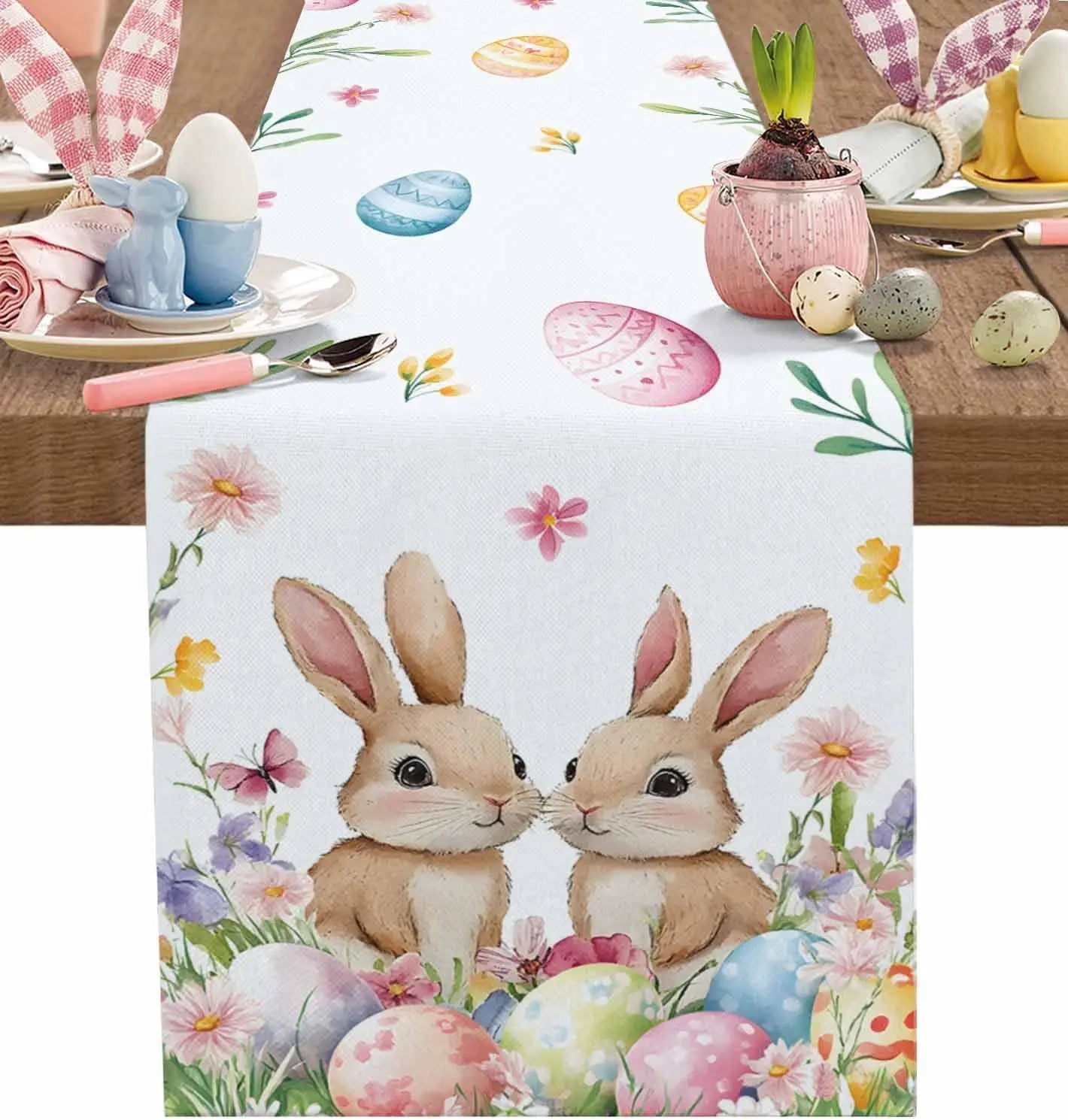 Easter Bunny and Colorful Eggs Table Runner | Linen Spring Decor 150x33cm - 200x33cm