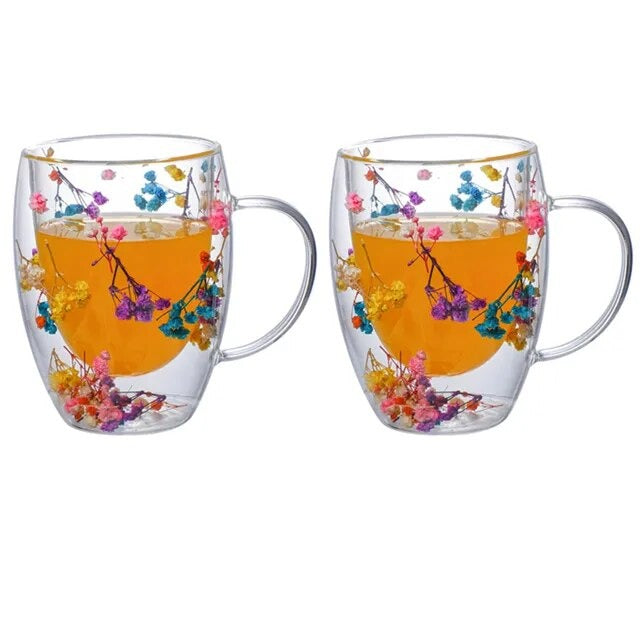 Set of 2 Floral Infused Double-Wall Glass Mugs