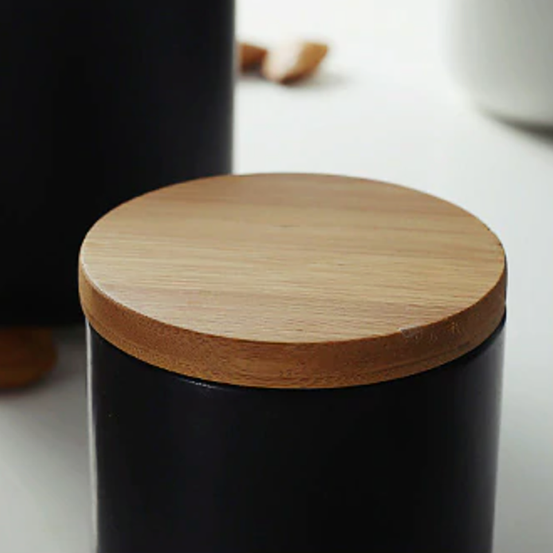Storage Jar in Black or White with Natural Wooden Lid