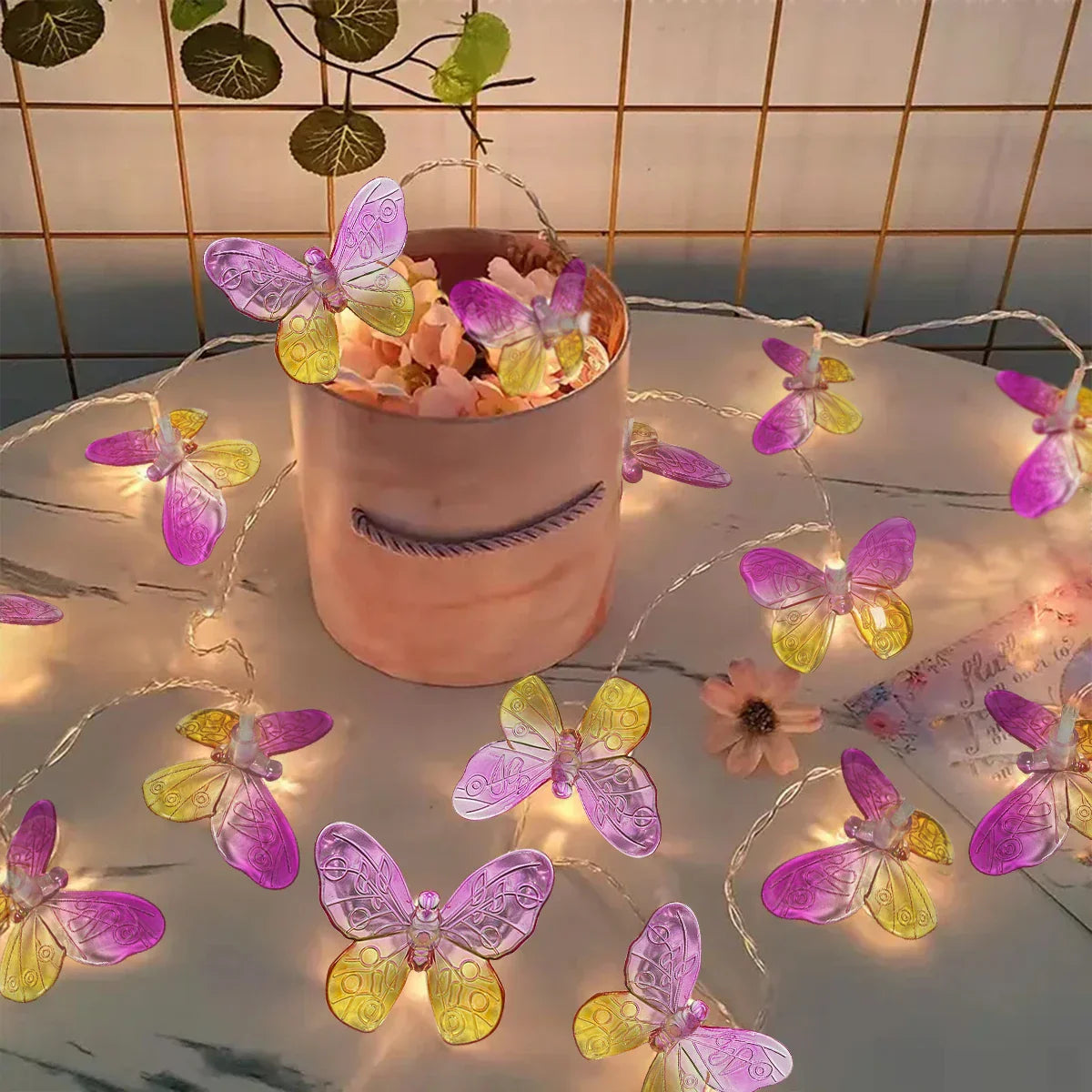 Butterfly String Lights | 10 or 20 LEDs | Pink and Yellow | Romantic Home & Garden Decor