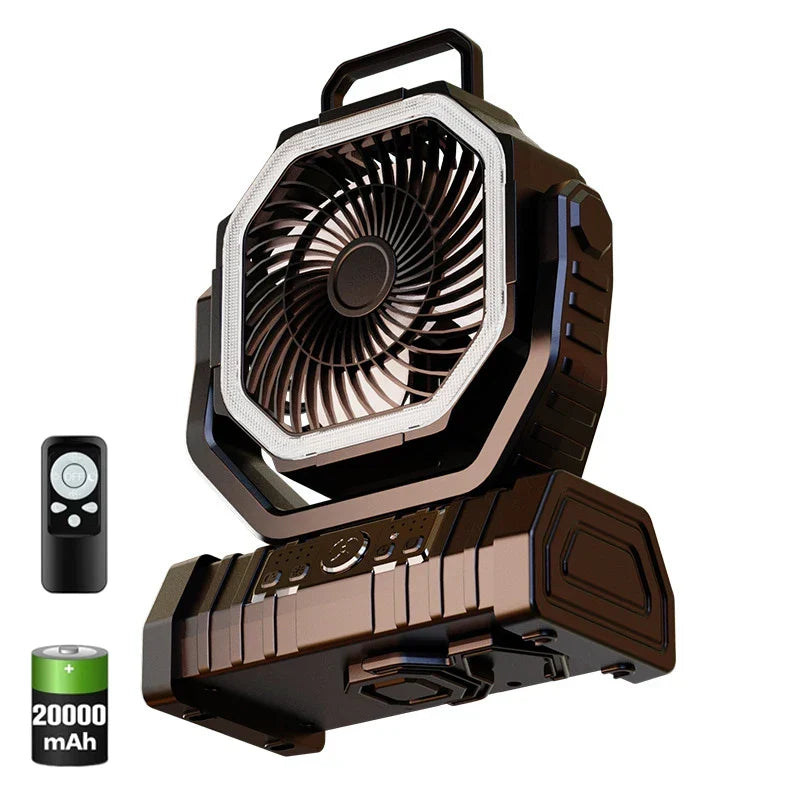 Portable 20000mAh Rechargeable Fan with LED Light & Hook for Outdoor Use