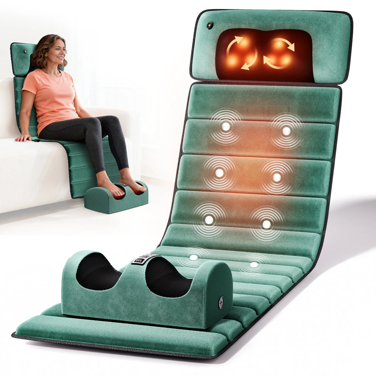 Heat-Enhanced Full Body Massage Mat – 10 Vibration Motors, 9 Settings, Removable Neck Pillow & Foot Massager