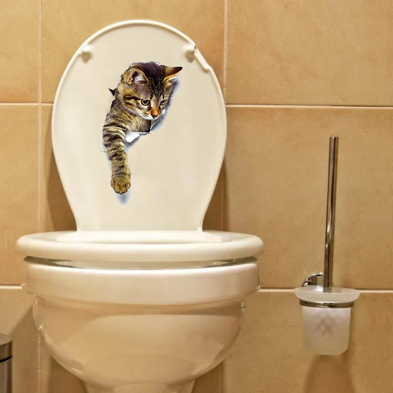 Whimsical Cat Illusion Toilet Lid Sticker