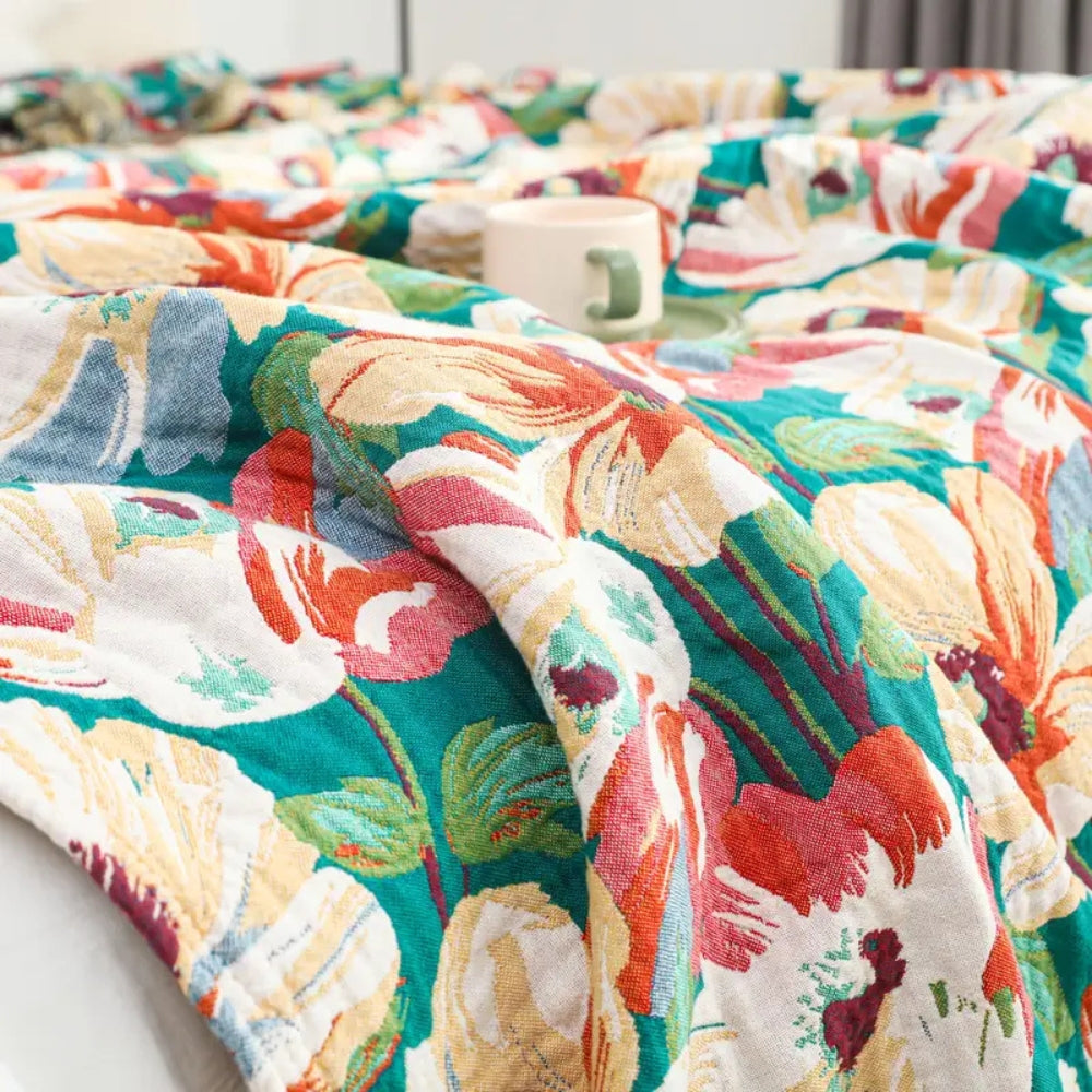 Vibrant Blossom Cotton Throw Blanket with Chic Tassels
