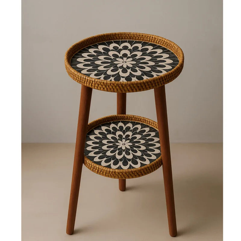 Artistic Mosaic Pattern Double Side Table - Rattan and Wood Design