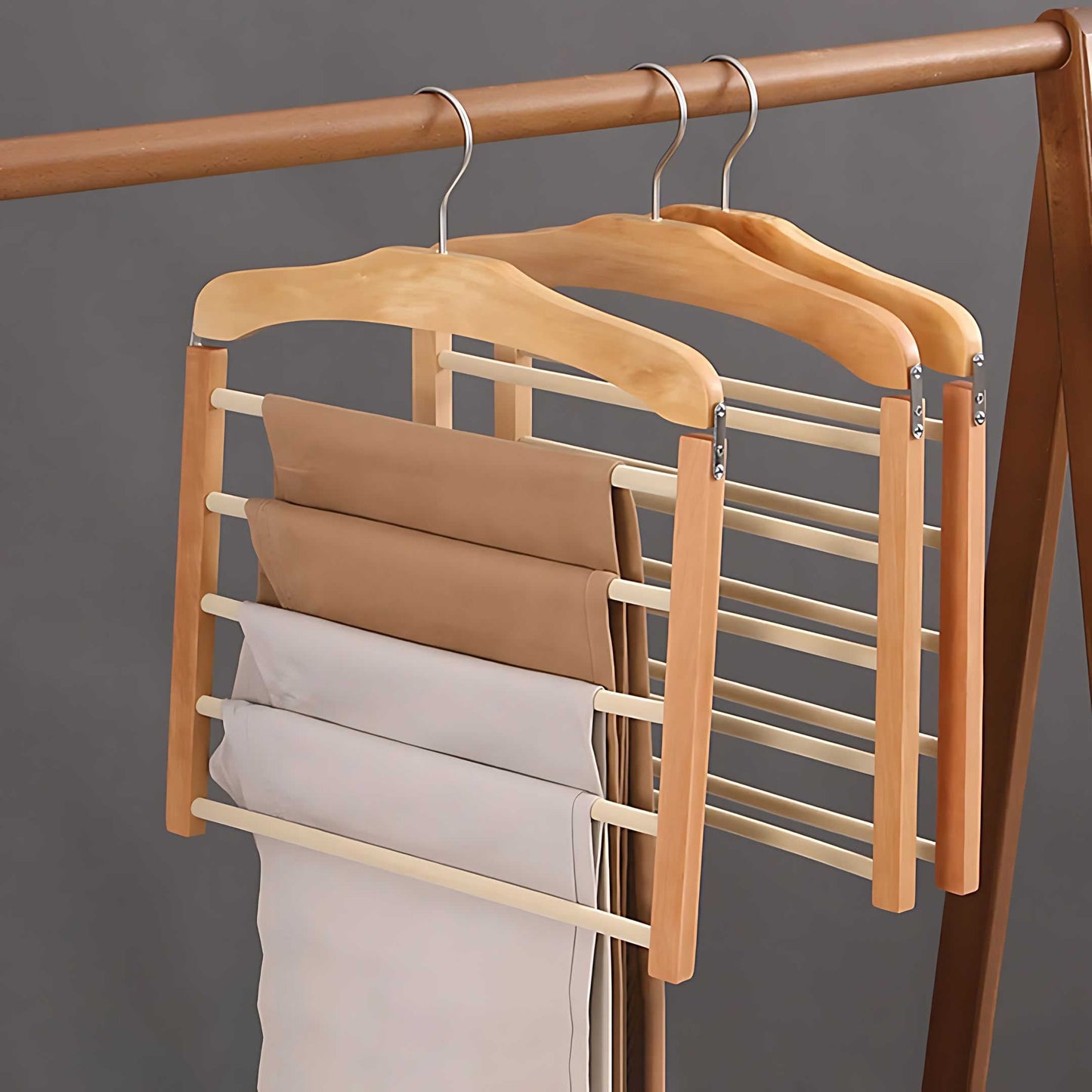 Multi-Tier Clothing Organizer – Space-Saving Wooden and Metal Hanger