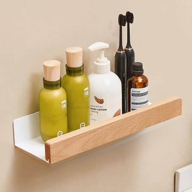 Wooden Finish Bathroom Wall Storage Shelf