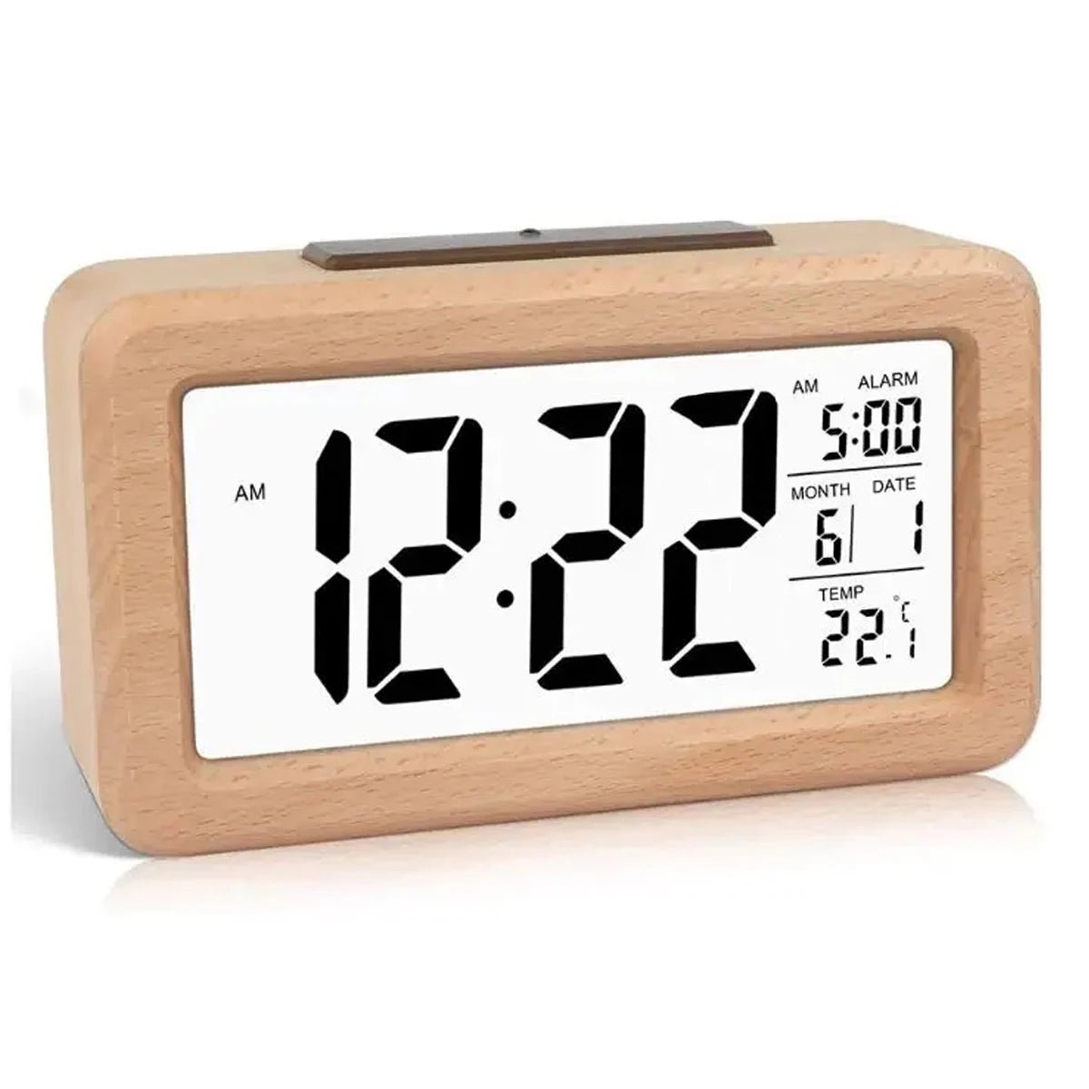 Elegant Wooden Alarm Clock with LED Display & Temperature Gauge