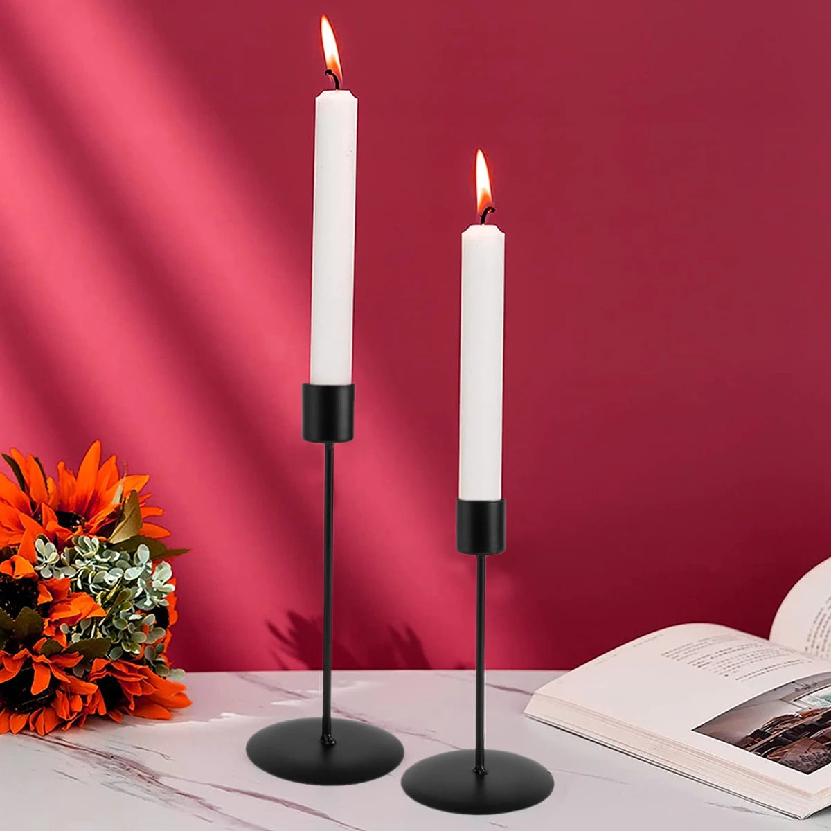 Set of 2 Black Metal Candle Holders | Elegant Table and Wedding Decor