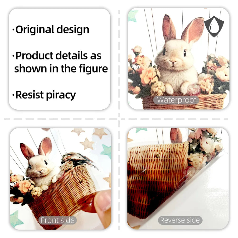 Hot Air Balloon Window Sticker | Cartoon Rabbit | Static Cling Glass & Door Decor