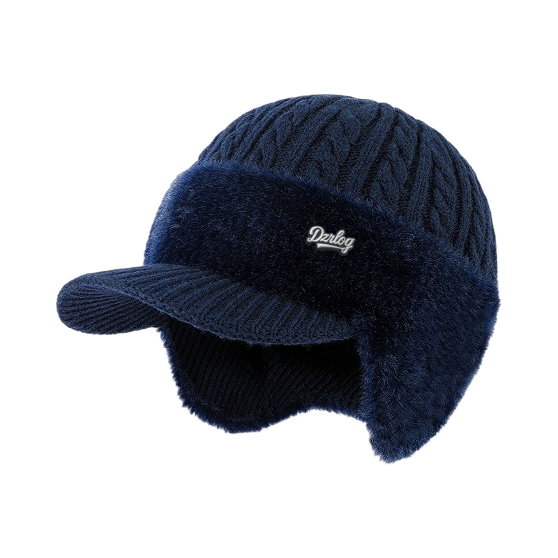 Fleece-Lined Cable Knit Beanie with Ear Protection and Visor