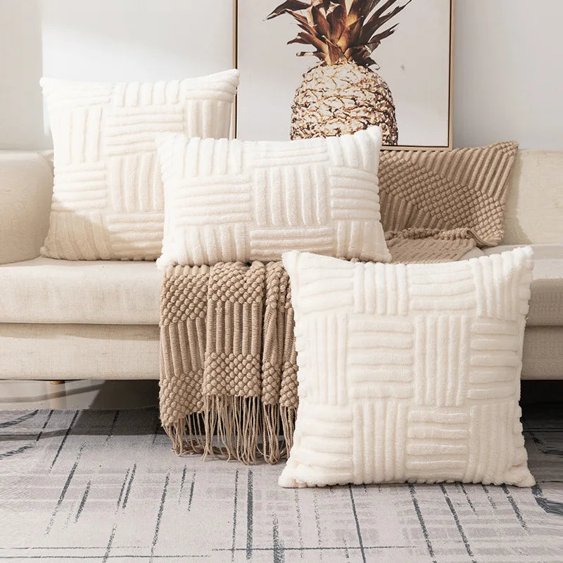 Boho Cream White Faux Fur Pillow Cover – Soft Plush Decorative Case for Sofa