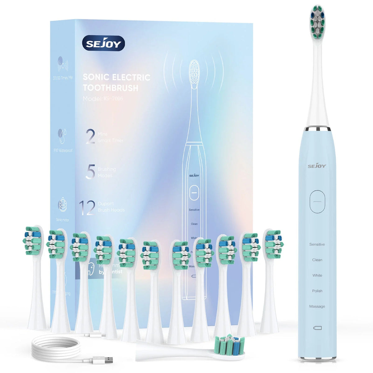 Deep Clean Sonic Toothbrush with 37,200 Vibrations/min | 5 Modes, 12 Heads, 30-Day Battery, Travel-Friendly Design