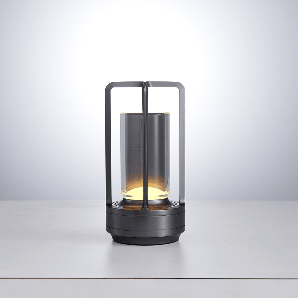 Contemporary Table Lamp with Metal and Glass Lantern Design for Indoors or Outdoors