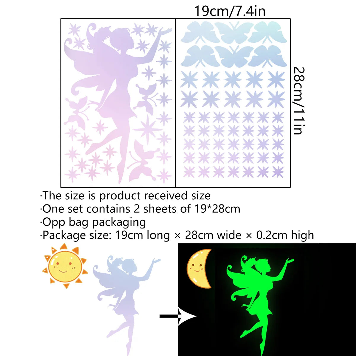Glow-in-the-Dark Fairy and Star Wall Stickers for Kids | PVC | Set of 2, 19x28 cm