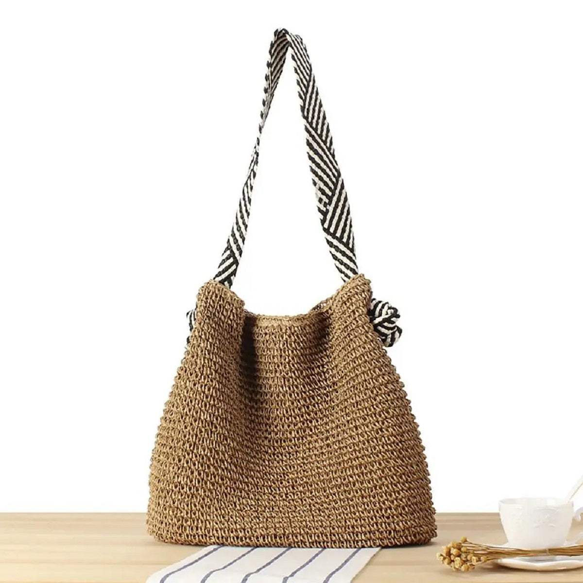 Large Woven Straw Tote Bag with Knot Shoulder Design