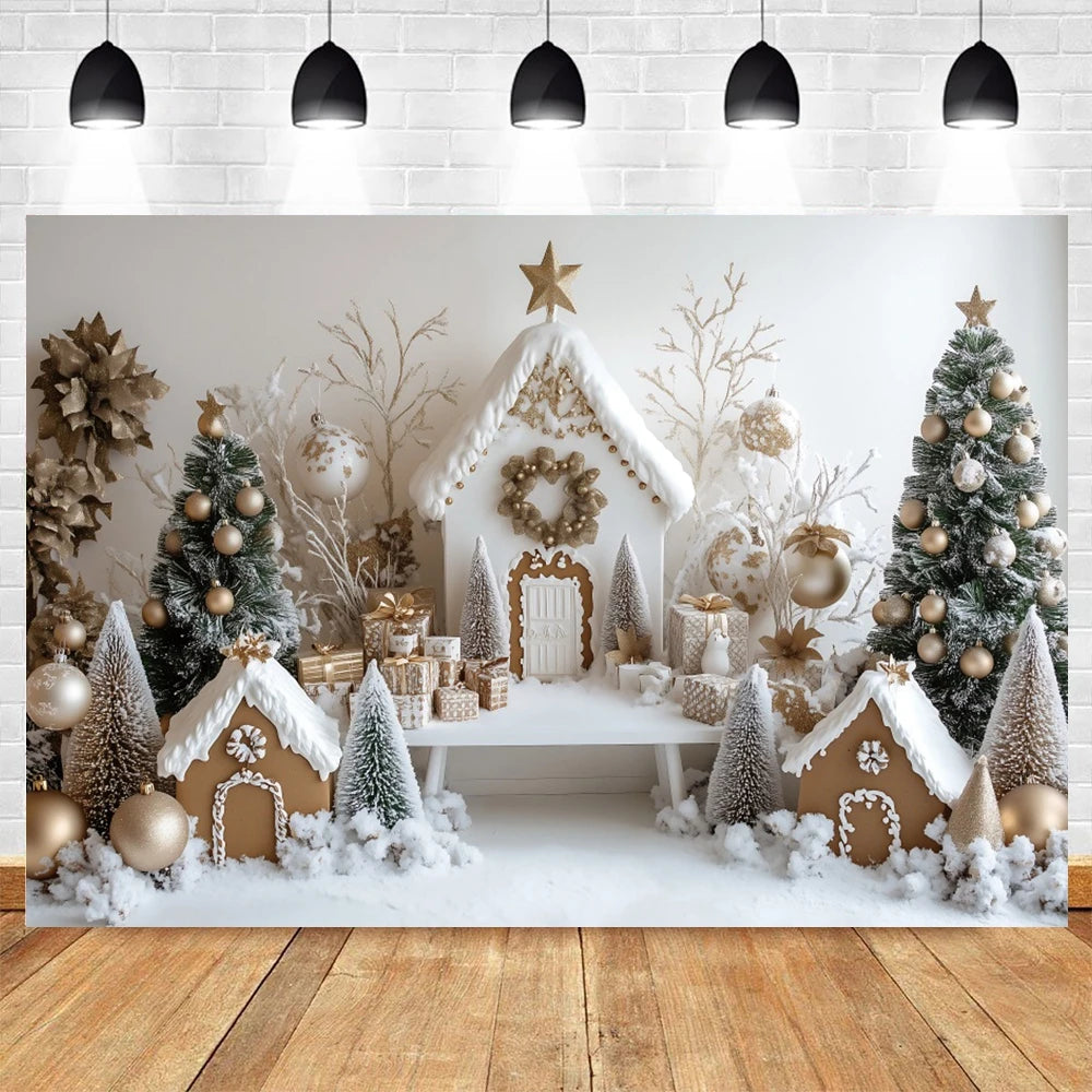 Christmas Photo Backdrop - Miniature House and Tree for Family & Kids Portraits - Vinyl/Polyester/Fleece - 300×200 cm