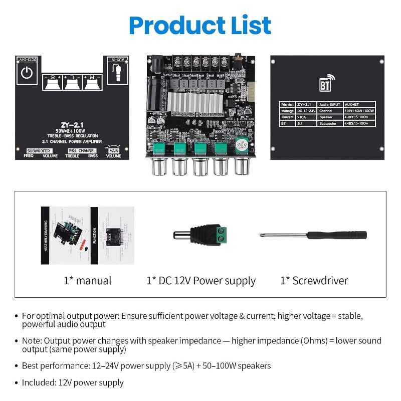 High-Power 2.1 Channel Bluetooth Audio Amplifier