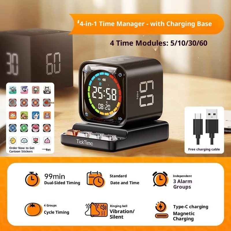 Smart Cube Timer with LED Countdown and Rechargeable Dock