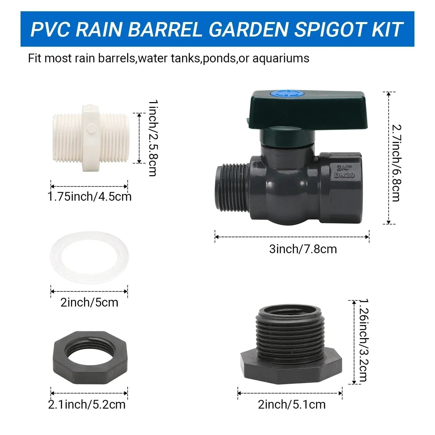 Rain Barrel Faucet Set | 3/4 Inch PVC Spigot | Barrel Connector Adapter | Seal Kit for Rain Barrels