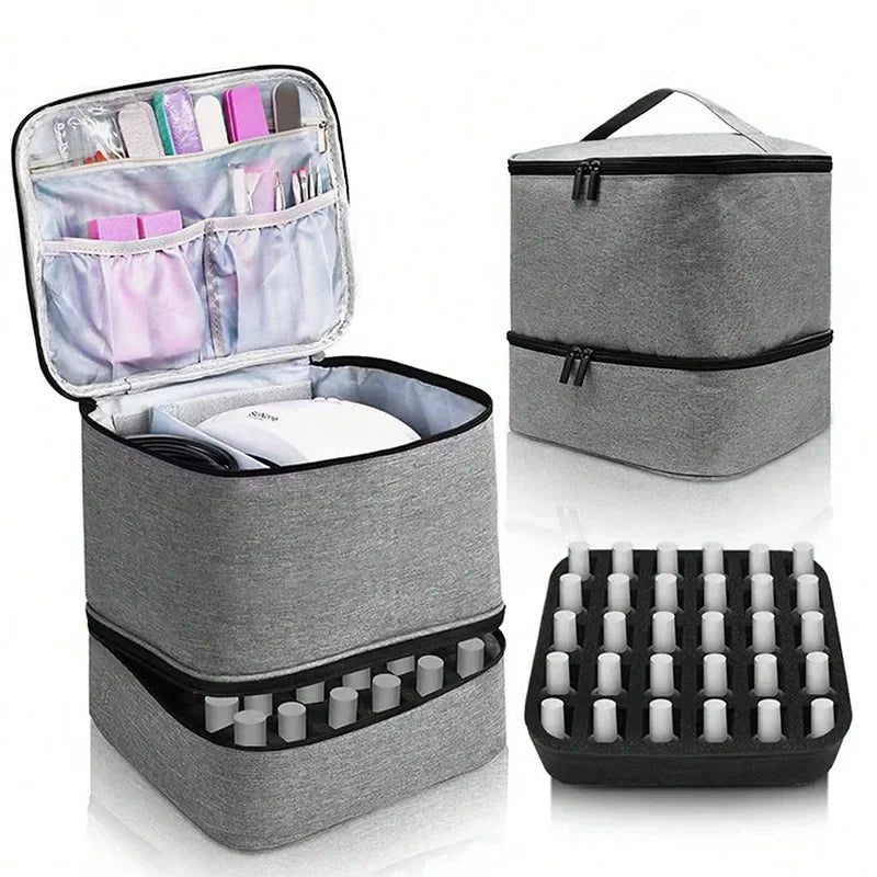 Portable Cosmetic Bag for Women | Double-Tier Nail Polish Holder | Travel Case