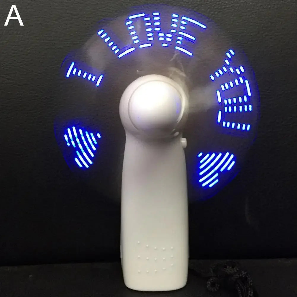 LED Handheld Fan with USB – Rechargeable Mini Desk Fan with Flashing Text