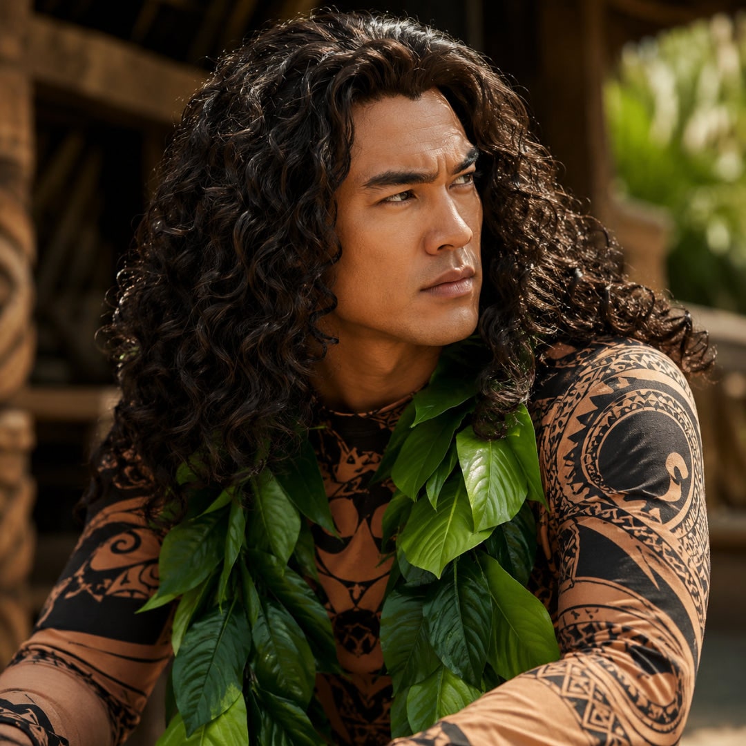 Epic Polynesian Warrior Costume with Leaf Skirt Design