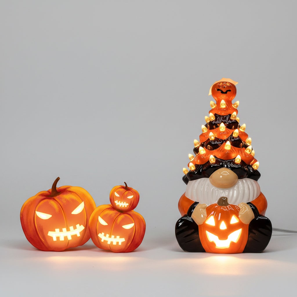Illuminated Pumpkin Guardian Ceramic Gnome for Halloween Decor