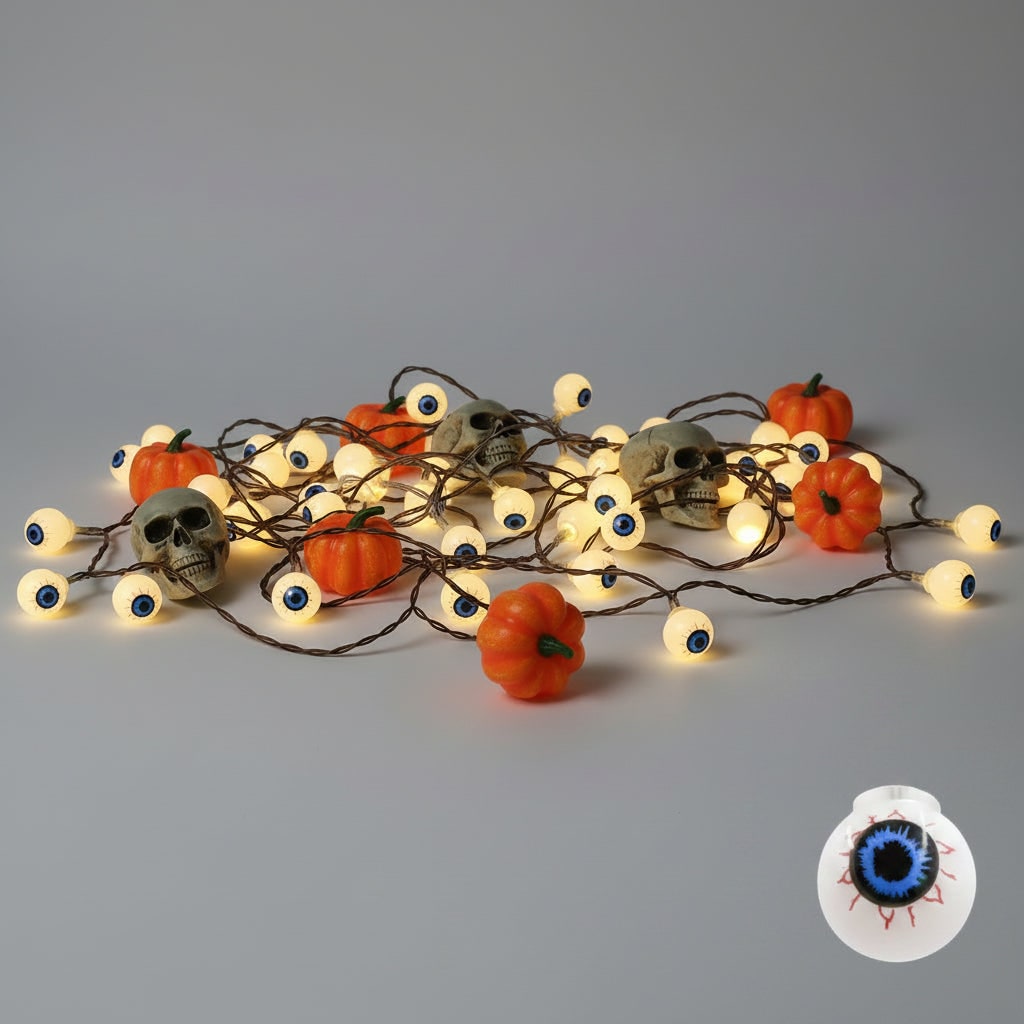 Festive Battery-Powered String Lights with Halloween-Themed Covers